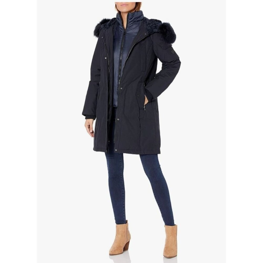 1 Madison Womens Med Winter Parka Black Faux Fur Lined Coat Hooded Insulated